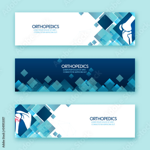 Medical infographic orthopedic anatomy. Abstract background with spine, pelvis, knee, foot, shoulder, elbow, hand, humerus bones and joints. Orthopedics medical.Blue and white. Vector illustration