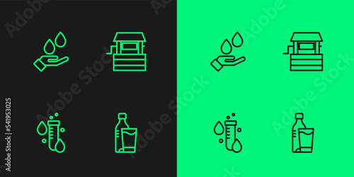 Set line Bottle of water with glass, Test tube drop, Washing hands soap and Well icon. Vector