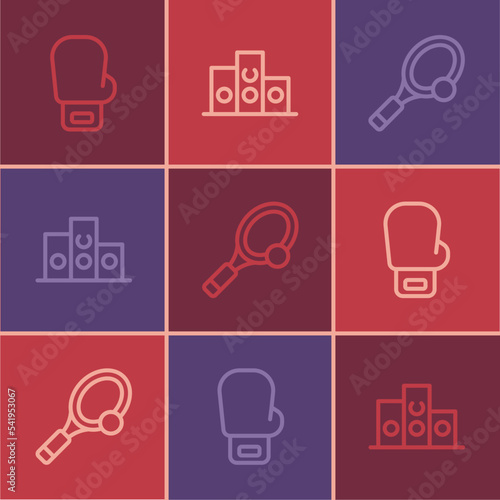Set line Boxing glove, Tennis racket with ball and Award over sports winner podium icon. Vector