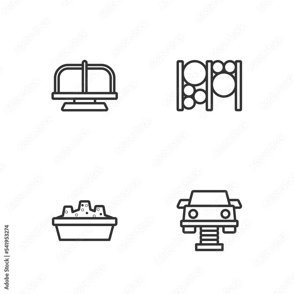 Set line Swing car, Sandbox with sand, Attraction carousel and Playground climbing equipment icon. Vector Set line Swing car, Sandbox with sand, Attraction carousel and Playground climbing equipment icon. Vector