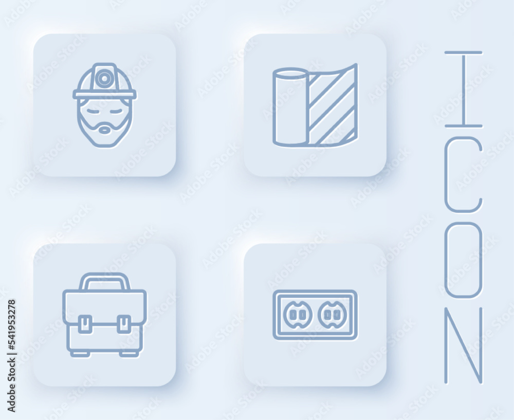 Set line Builder, Wallpaper, Toolbox and Electrical outlet. White square button. Vector Set line Builder, Wallpaper, Toolbox and Electrical outlet. White square button. Vector