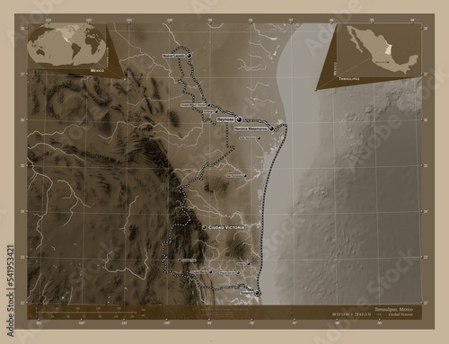 Tamaulipas, Mexico. Sepia. Labelled points of cities photo