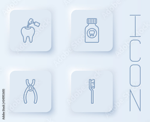 Set line Tooth with caries and drill, Toothache painkiller tablet, Dental pliers and Toothbrush. White square button. Vector