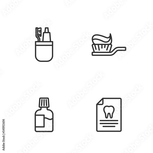 Set line Clipboard with dental card  Mouthwash  Toothbrush and toothpaste and icon. Vector