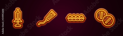 Set line Syringe, Tube of toothpaste, Teeth with braces and Toothache painkiller tablet. Glowing neon icon. Vector