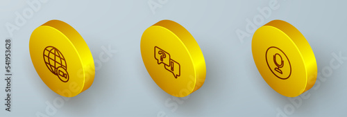 Set Isometric line Video chat conference, Question and Answer and Microphone icon. Vector