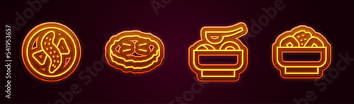 Set line Served cucumber on a plate, Homemade pie, Ramen soup bowl and Chow mein. Glowing neon icon. Vector