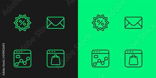 Set line Online shopping on screen, Market analysis, Discount percent tag and Mail and e-mail icon. Vector