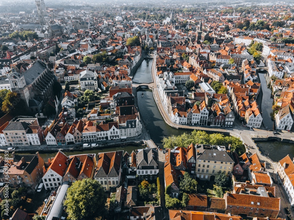 Naklejka premium Drone view of the town of Bruges, Belgium