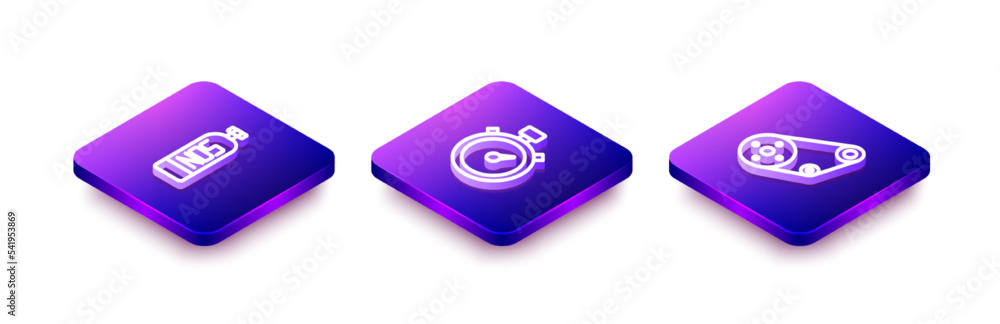 Set Isometric line Nitrous oxide, Stopwatch and Timing belt kit icon. Vector Set Isometric line Nitrous oxide, Stopwatch and Timing belt kit icon. Vector
