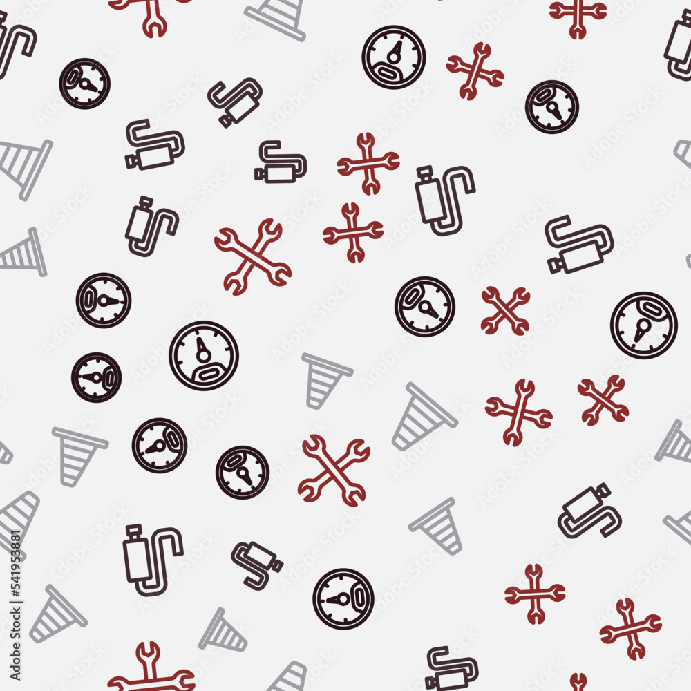Set line Speedometer, Car muffler, Traffic cone and Wrench spanner on seamless pattern. Vector Set line Speedometer, Car muffler, Traffic cone and Wrench spanner on seamless pattern. Vector