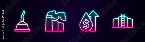 Set line Canister for motor machine oil, Oil and gas industrial factory, price increase and tank storage. Glowing neon icon. Vector
