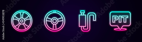 Set line Alloy wheel for car, Racing steering, Car muffler and Pit stop. Glowing neon icon. Vector