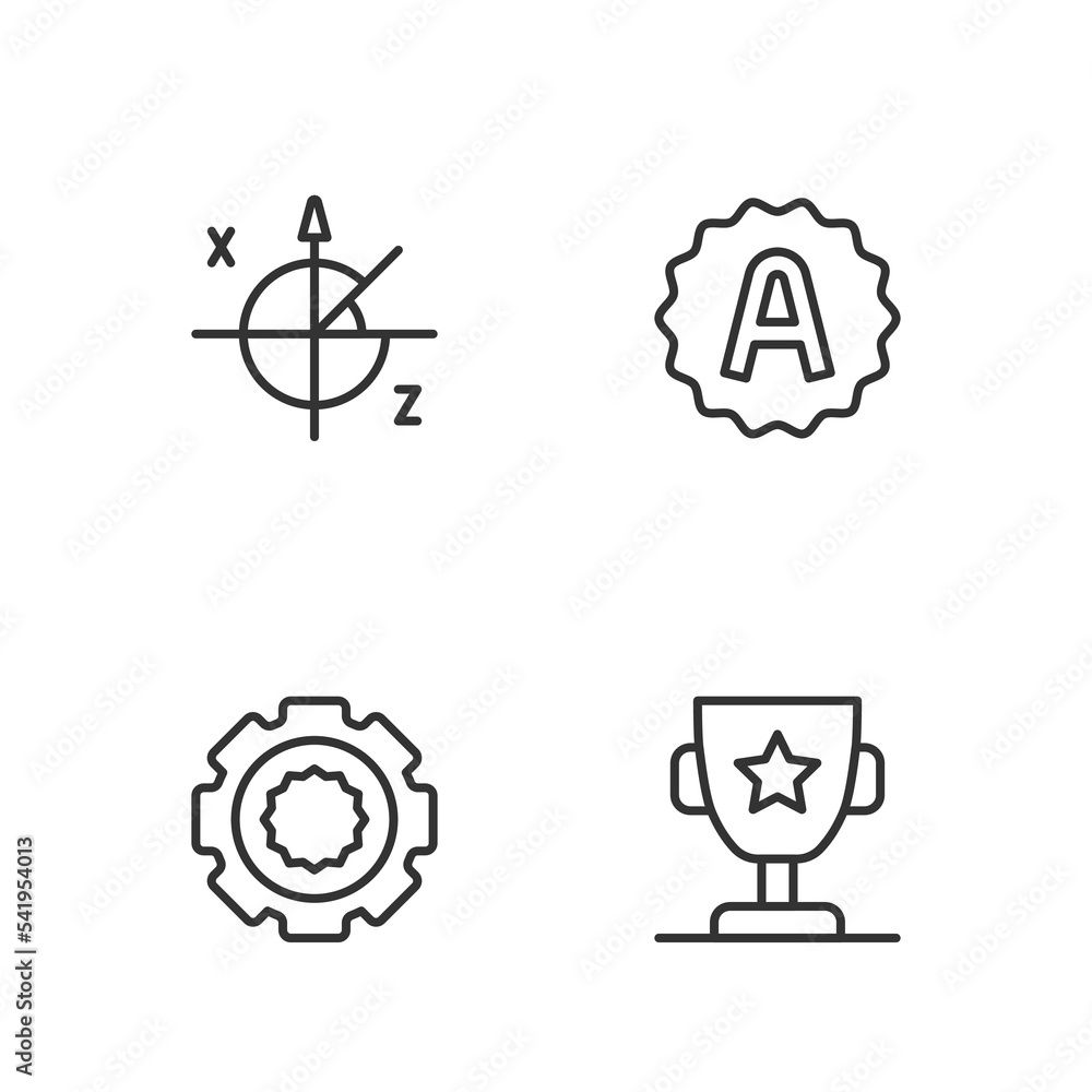 Set line Award cup, Gear, Trigonometric circle and Exam sheet with plus grade icon. Vector Set line Award cup, Gear, Trigonometric circle and Exam sheet with plus grade icon. Vector