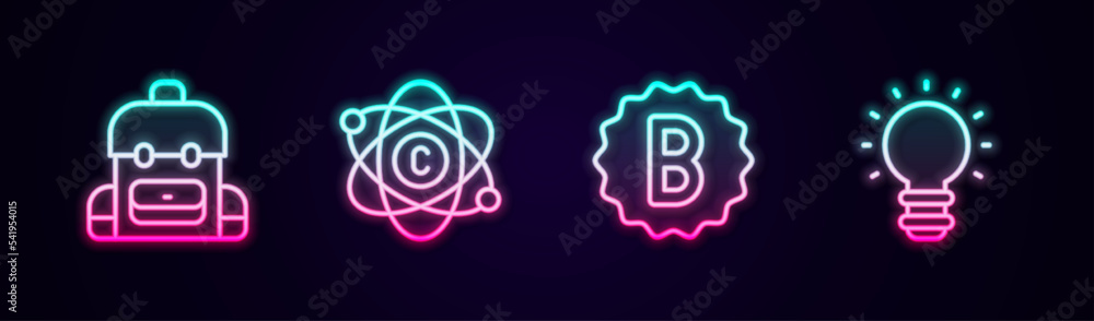 Set line School backpack, Atom, Exam paper with incorrect answers and Creative lamp light idea. Glowing neon icon. Vector Set line School backpack, Atom, Exam paper with incorrect answers and Creative lamp light idea. Glowing neon icon. Vector