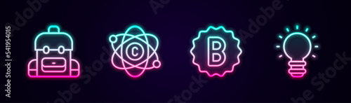 Set line School backpack, Atom, Exam paper with incorrect answers and Creative lamp light idea. Glowing neon icon. Vector