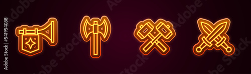 Set line Trumpet with flag, Medieval poleaxe, Crossed battle hammers and medieval sword. Glowing neon icon. Vector