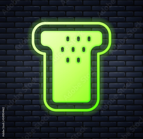 Glowing neon Bread toast for sandwich piece of roasted crouton icon isolated on brick wall background. Lunch, dinner, breakfast snack. Vector