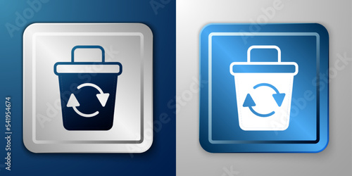 White Recycle bin with recycle symbol icon isolated on blue and grey background. Trash can icon. Garbage bin sign. Recycle basket sign. Silver and blue square button. Vector