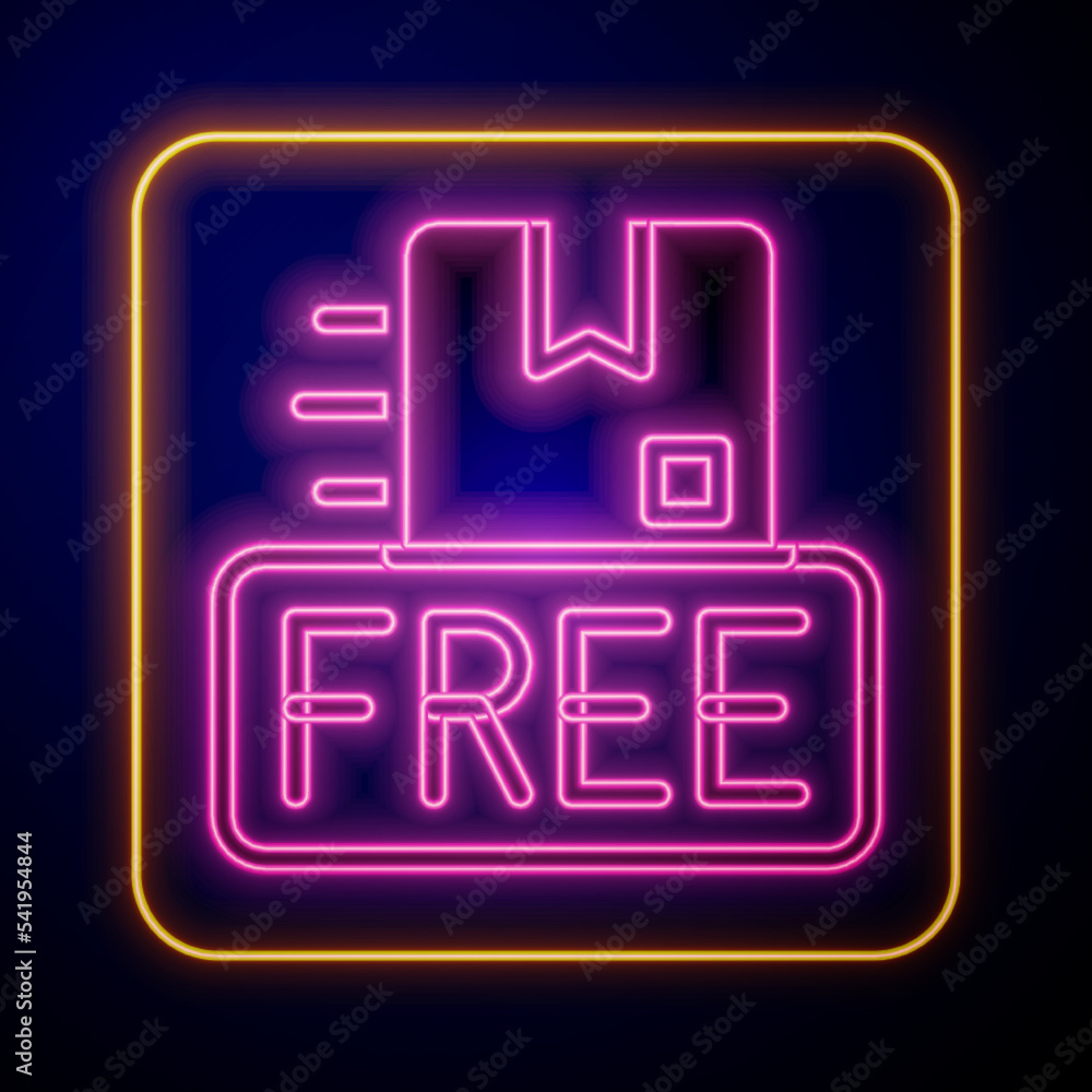 Glowing neon Cardboard box with free symbol icon isolated on black background. Box, package, parcel sign. Delivery, transportation and shipping. Vector Glowing neon Cardboard box with free symbol icon isolated on black background. Box, package, parcel sign. Delivery, transportation and shipping. Vector