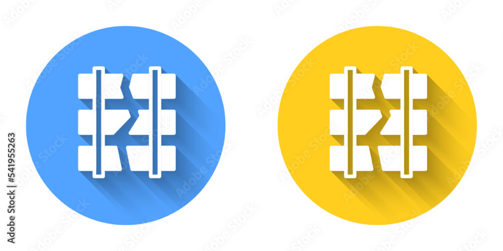 Fototapeta premium White Broken or cracked rails on a railway icon isolated with long shadow background. Circle button. Vector