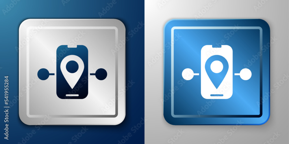 White Route location icon isolated on blue and grey background. Train line path of train road route with start point GPS and dash line. Silver and blue square button. Vector White Route location icon isolated on blue and grey background. Train line path of train road route with start point GPS and dash line. Silver and blue square button. Vector