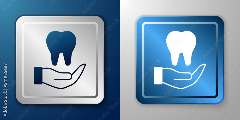 White Tooth icon isolated on blue and grey background. Tooth symbol for dentistry clinic or dentist medical center and toothpaste package. Silver and blue square button. Vector White Tooth icon isolated on blue and grey background. Tooth symbol for dentistry clinic or dentist medical center and toothpaste package. Silver and blue square button. Vector