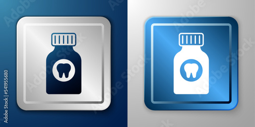 White Toothache painkiller tablet icon isolated on blue and grey background. Tooth care medicine. Capsule pill and drug. Pharmacy design. Silver and blue square button. Vector