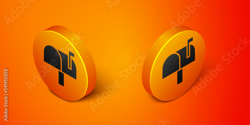 Isometric Mail box icon isolated on orange background. Mailbox icon. Mail postbox on pole with flag. Orange circle button. Vector