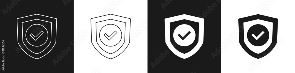 Set Shield with check mark icon isolated on black and white background. Protection symbol. Security check Icon. Tick mark approved icon. Vector Set Shield with check mark icon isolated on black and white background. Protection symbol. Security check Icon. Tick mark approved icon. Vector