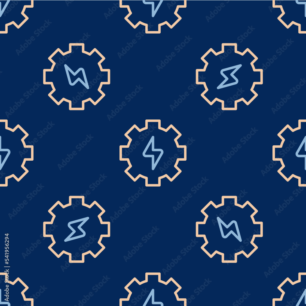 Line Gear and lightning icon isolated seamless pattern on blue background. Electric power. Lightning bolt sign. Vector
