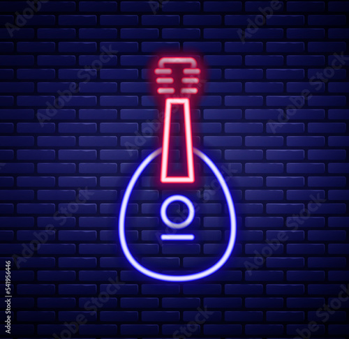 Glowing neon line Traditional musical instrument mandolin icon isolated on brick wall background. Colorful outline concept. Vector