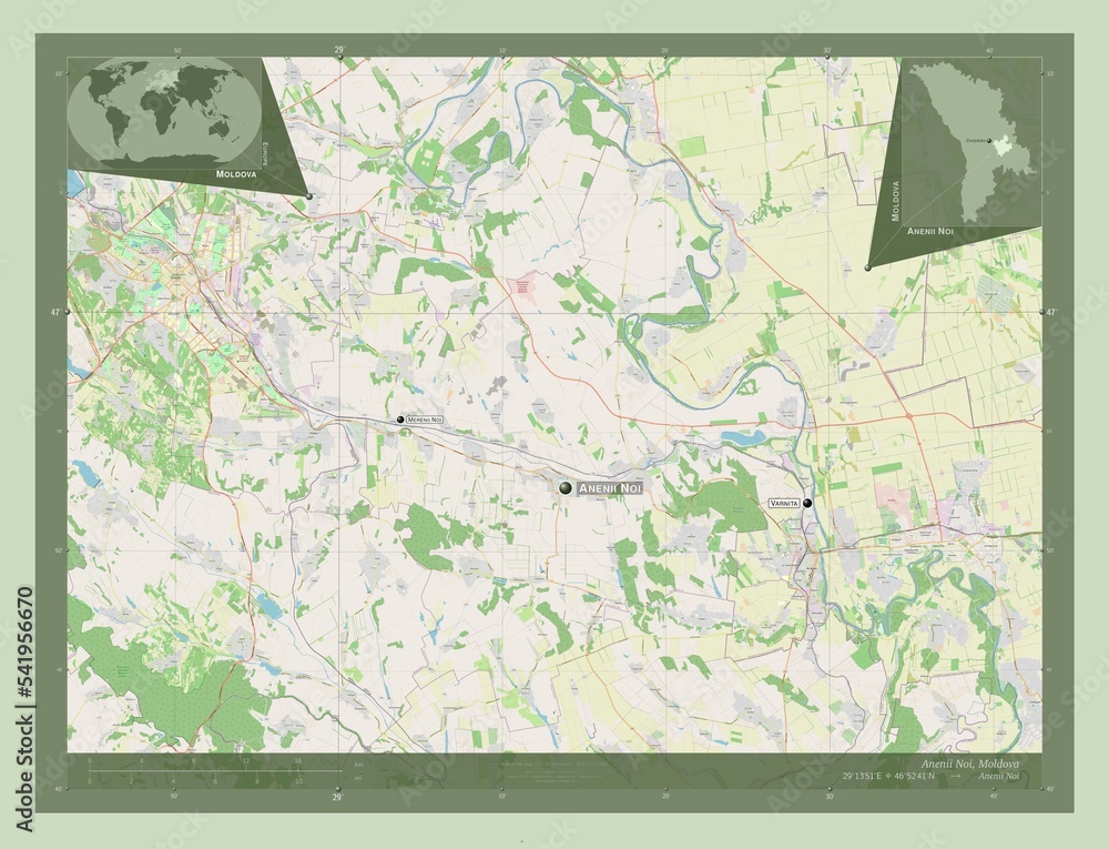 Fototapeta premium Anenii Noi, Moldova. OSM. Labelled points of cities