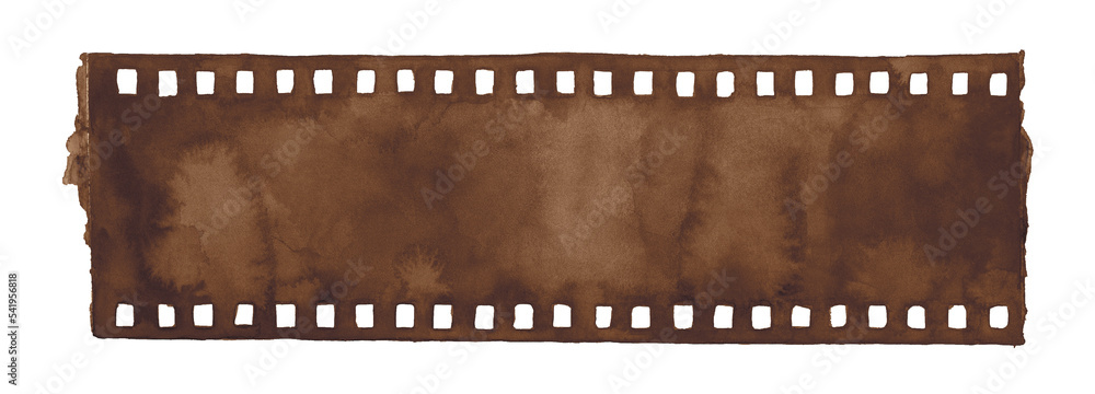 Watercolour illustration of filmstrip in dark sepia colour. Hand painted water color graphic drawing on white, isolated element for design decoration, banner, poster, ticket, card, party invitation.