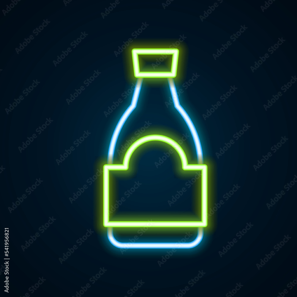 Glowing neon line Soy sauce bottle icon isolated on black background. Colorful outline concept. Vector Glowing neon line Soy sauce bottle icon isolated on black background. Colorful outline concept. Vector