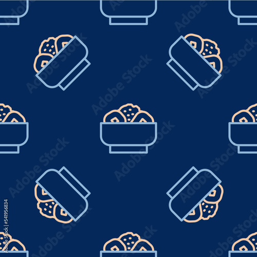 Line Chow mein on plate icon isolated seamless pattern on blue background. Asian food. Vector