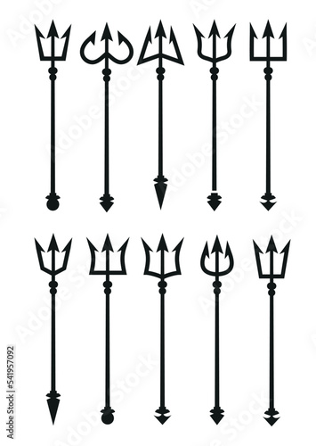 Set of devil trident collection of red different shapes satan's trident carnival party accessory vector illustration on white background