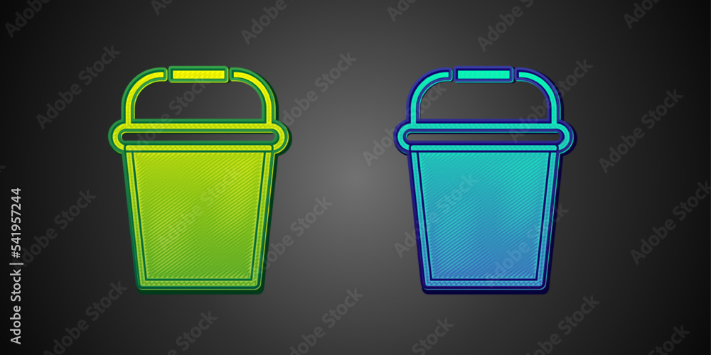 Green and blue Fishing bucket icon isolated on black background. Fish in a bucket. Vector Green and blue Fishing bucket icon isolated on black background. Fish in a bucket. Vector