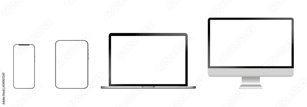realistic set of digital gadgets: pc display, tablet, smartphone, laptop mockup with blank screen realistic set of digital gadgets: pc display, tablet, smartphone, laptop mockup with blank screen
