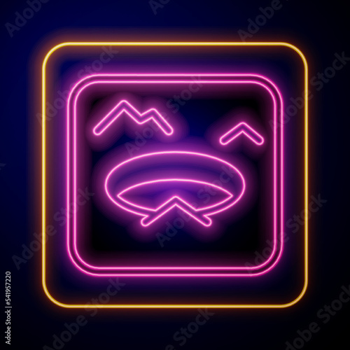 Glowing neon Winter fishing icon isolated on black background. Round ice frame. Hole in ice. Vector