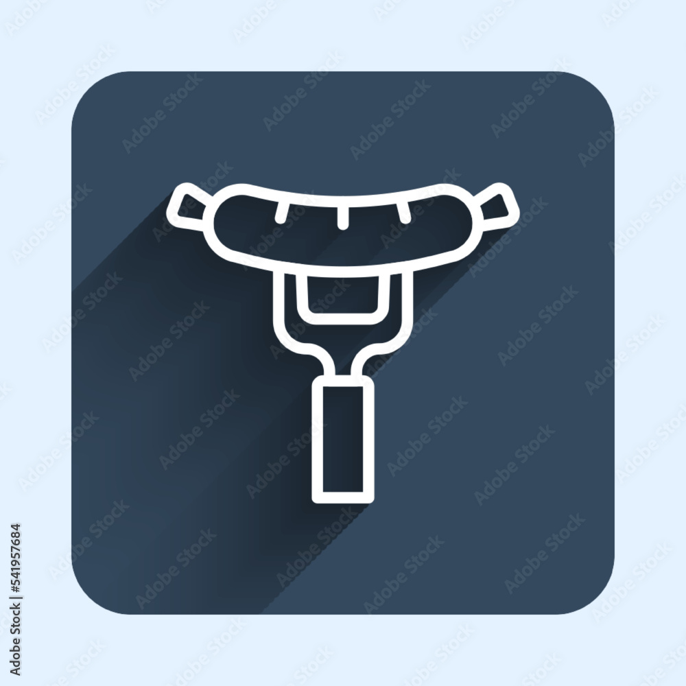 White line Sausage on the fork icon isolated with long shadow background. Grilled sausage and aroma sign. Blue square button. Vector White line Sausage on the fork icon isolated with long shadow background. Grilled sausage and aroma sign. Blue square button. Vector