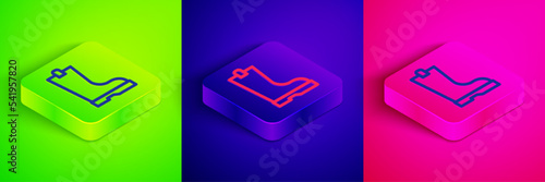 Isometric line Waterproof rubber boot icon isolated on green, blue and pink background. Gumboots for rainy weather, fishing, gardening. Square button. Vector