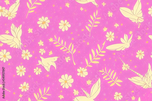 Fairy magical garden. Unicorn seamless pattern  pink  blue  gold flowers  leaves   birds and clouds. Kids room wallpaper