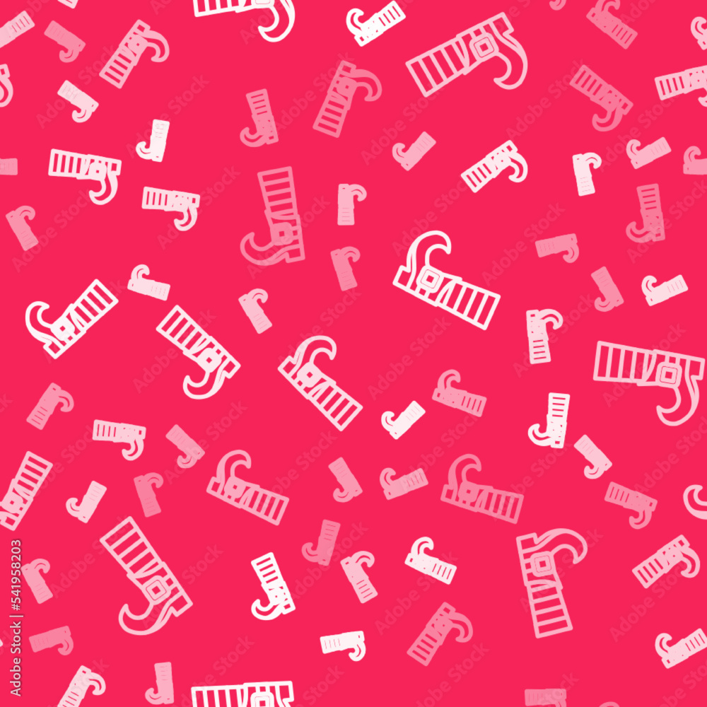 White line Leprechaun boot icon isolated seamless pattern on red background. Happy Saint Patricks day. National Irish holiday. Vector White line Leprechaun boot icon isolated seamless pattern on red background. Happy Saint Patricks day. National Irish holiday. Vector