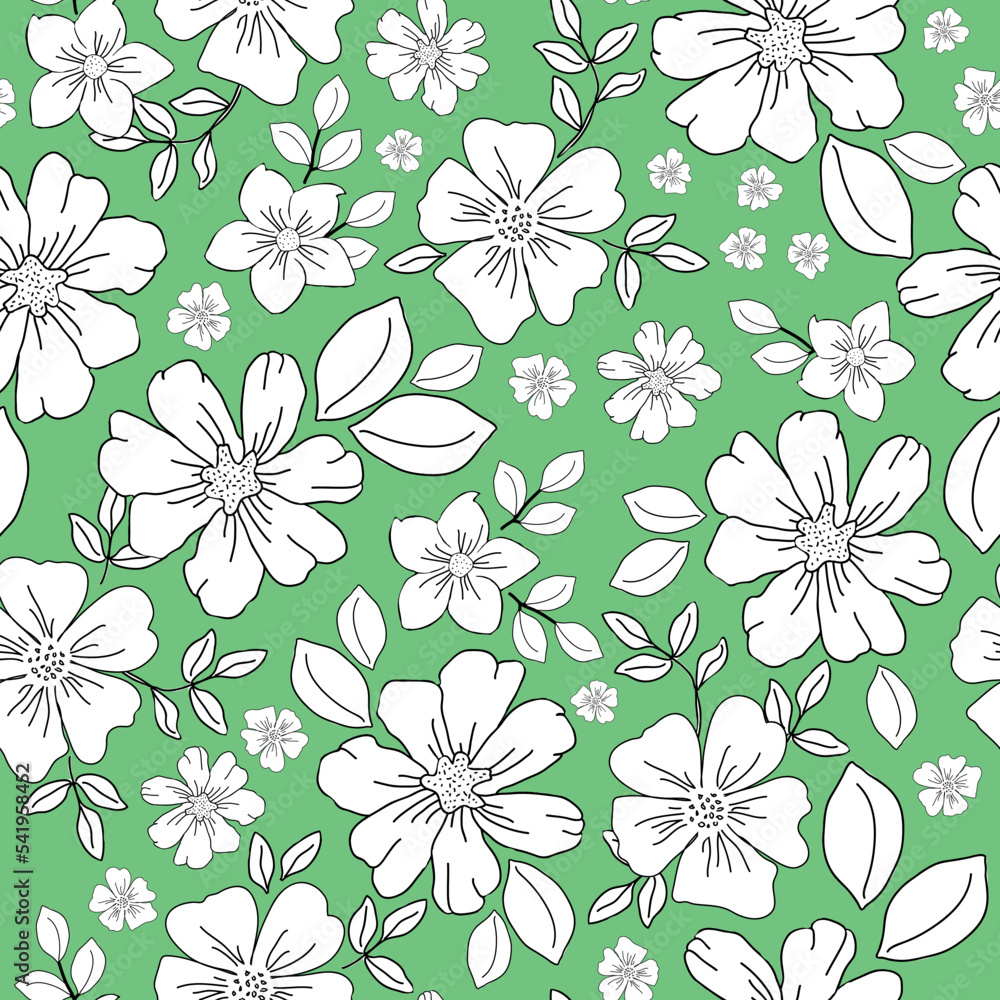 Fototapeta premium Cute floral pattern in a small flower. Seamless vector texture. An elegant template for fashionable prints. Printing with white flowers and leaves,black outline. green background.