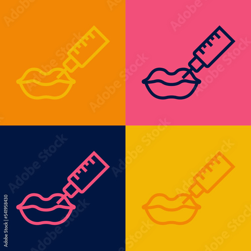 Pop art line Lip augmentation icon isolated on color background. Hyaluronic acid lips injection. Contour plastic. Vector