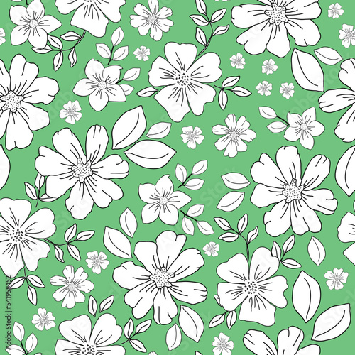 Cute floral pattern in a small flower. Seamless vector texture. An elegant template for fashionable prints. Printing with white flowers and leaves,black outline. green background.