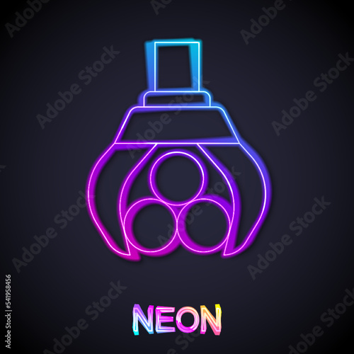 Glowing neon line Grapple crane grabbed a log icon isolated on black background. Forest industry. Industrial crane for lumber trunk wood production. Vector