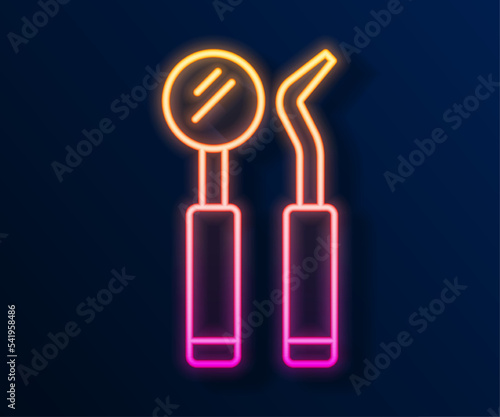 Glowing neon line Dental inspection mirror and probe icon isolated on black background. Explorer scaler. Tool dental checkup. Vector