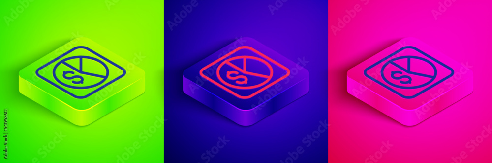 Isometric line Market analysis icon isolated on green, blue and pink background. Report text file icon. Accounting sign. Audit, analysis, planning. Square button. Vector Isometric line Market analysis icon isolated on green, blue and pink background. Report text file icon. Accounting sign. Audit, analysis, planning. Square button. Vector